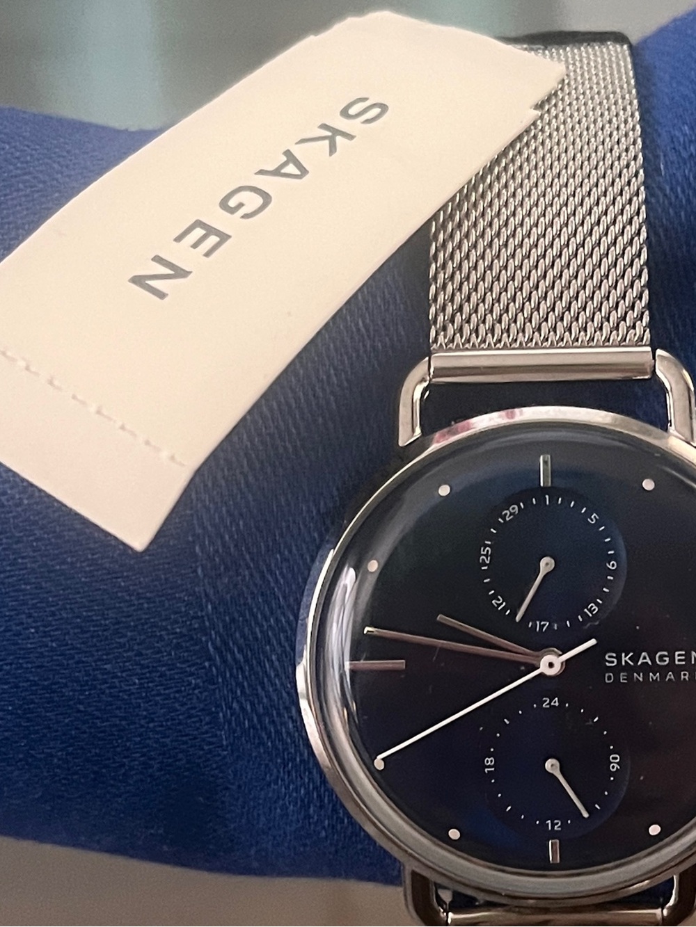 Skagen 36mm women’s Silver Mesh Watch with Blue Dial